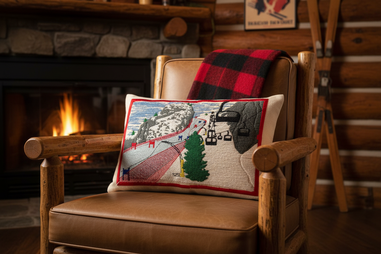 Ski Slope Design Pillow - Cabin Scene
