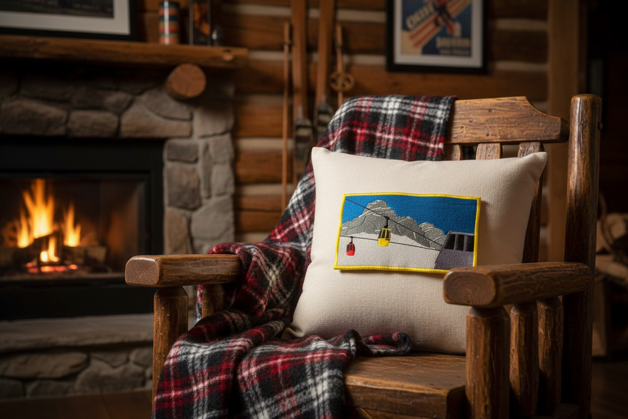 Yellow Border Gondola Pillow - Cabin Scene